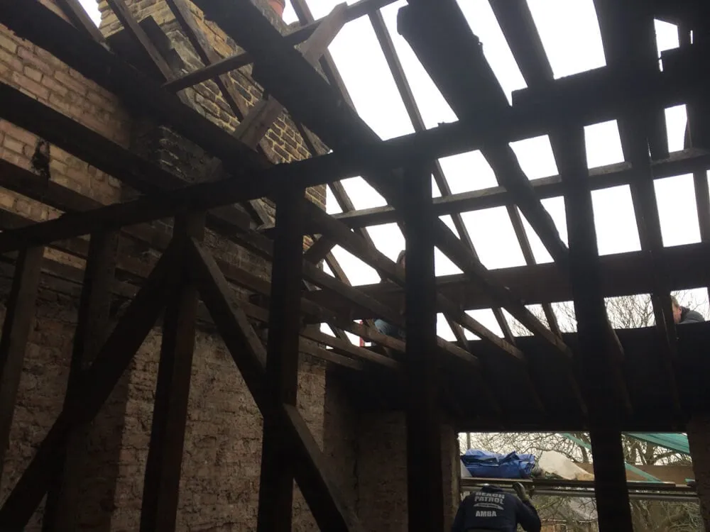 Roof timbers exposed during a full conversion and extension in Wimbledon